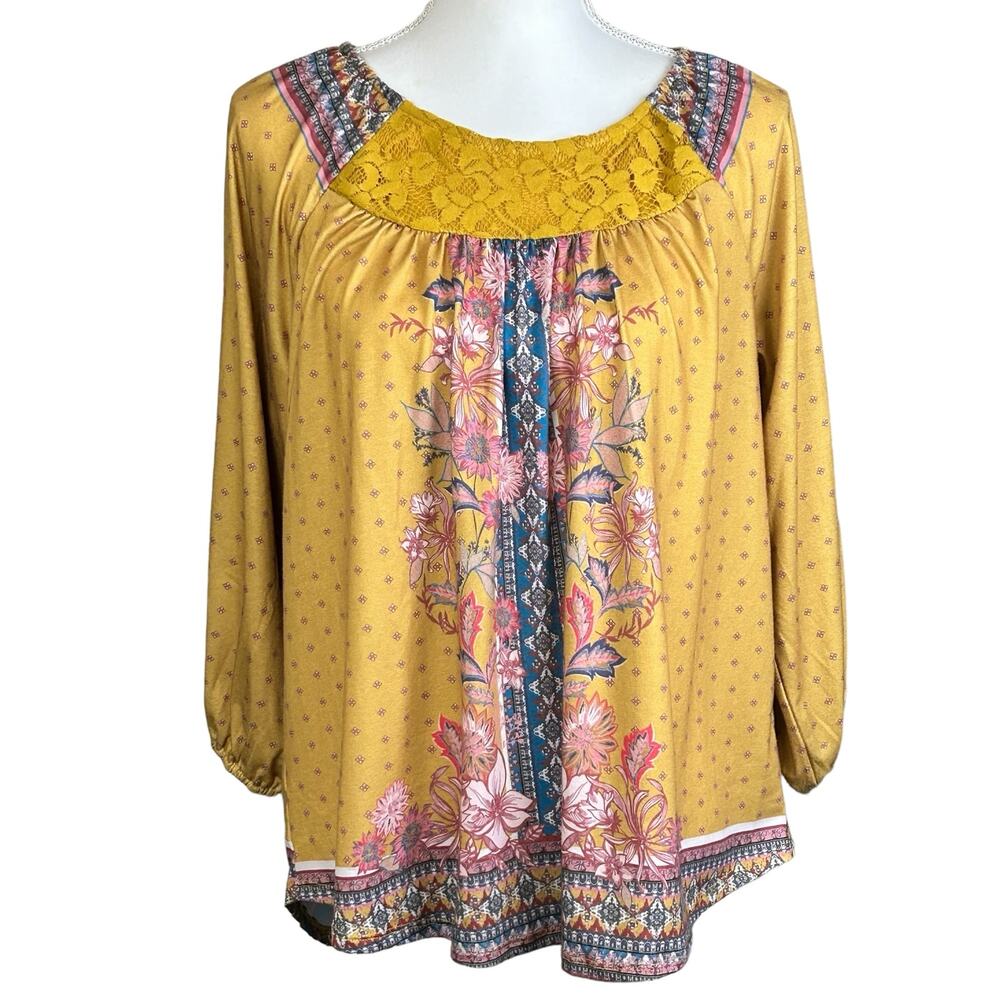 World Unity Blouse Size Small Yellow Pink Blue Peasant Floral Laced Bohemian Top